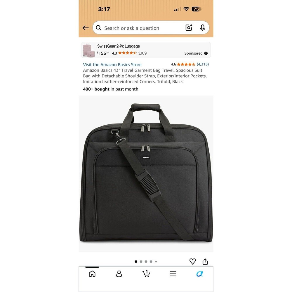 Premium 43" Garment Bag for Traveling, w/ Shoulder Strap, Black by Amazon Basics